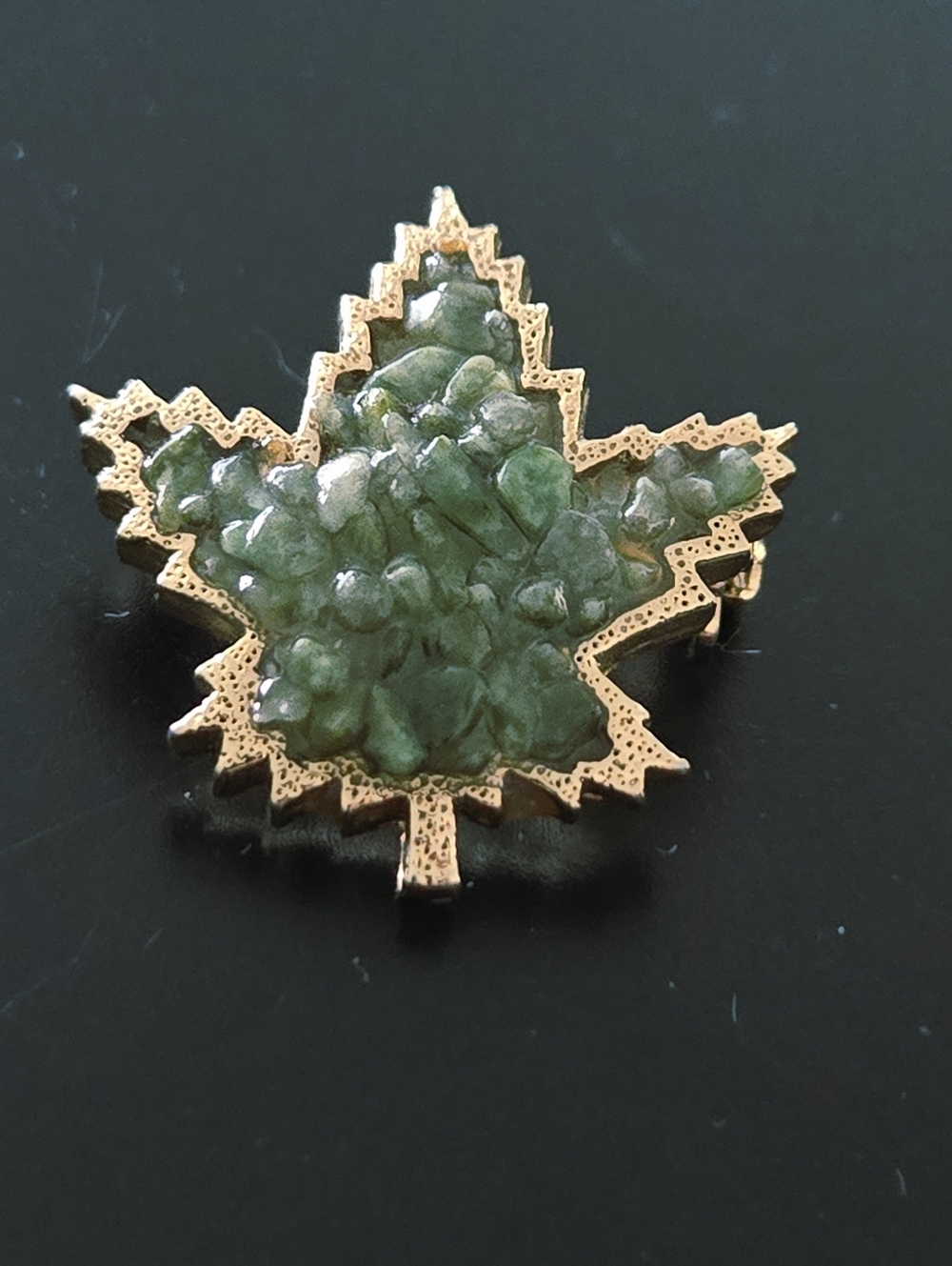 Vibtage 1970's Canadian Maple Green Leaf-Shaped Brooch Pin with Gold Trim